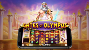Imagem do slot Gates of Olympus, mostrando os rolos e símbolos inspirados na mitologia grega.