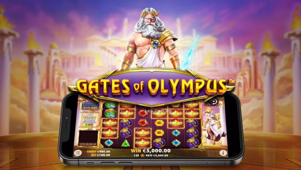 Imagem do slot Gates of Olympus, mostrando os rolos e símbolos inspirados na mitologia grega.