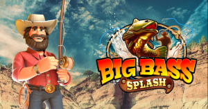 Imagem do caça-níquel Big Bass Splash mostrando um cenário de pesca tranquilo com símbolos de peixes e varas.